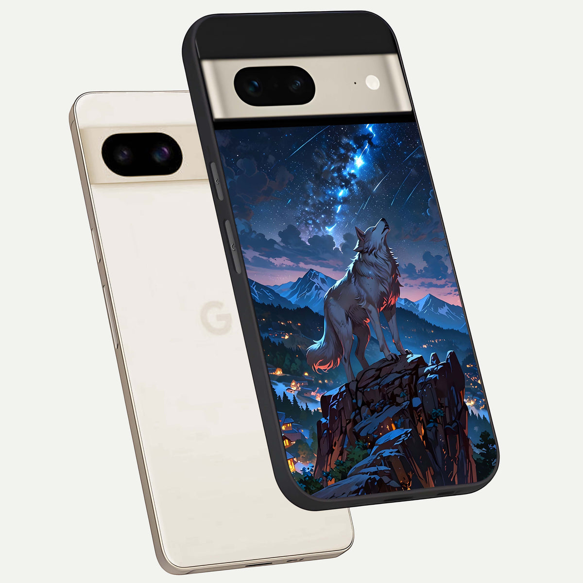  Celestial Wolf Howl phone case For Google Pixel 7 showing premium glass back cover with detailed artwork