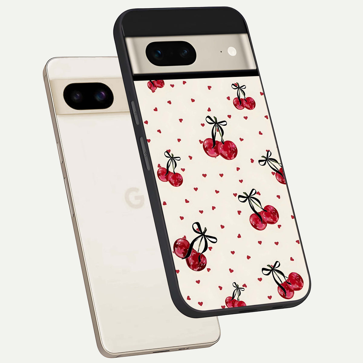  Cherry Heart Bow phone case For Google Pixel 7 showing premium glass back cover with detailed artwork