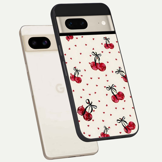  Cherry Heart Bow phone case For Google Pixel 7 showing premium glass back cover with detailed artwork