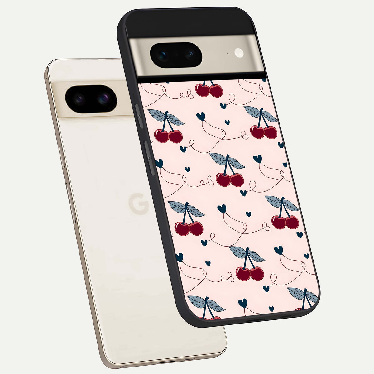  Cherry Heart Line phone case For Google Pixel 7 showing premium glass back cover with detailed artwork