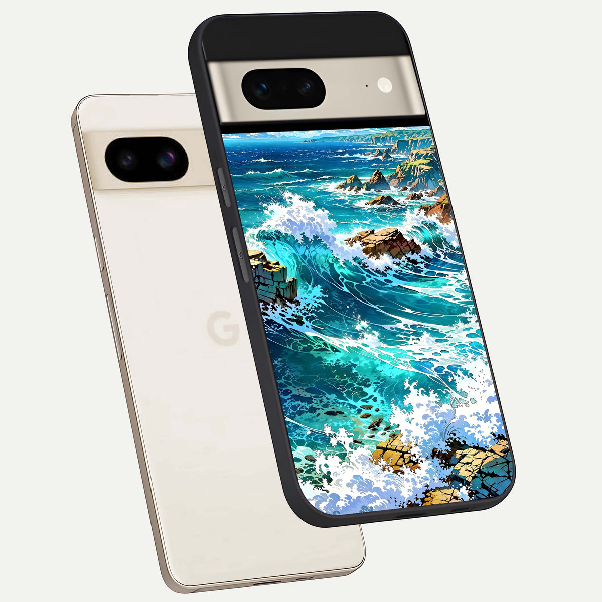  Coastal Blue Waves phone case For Google Pixel 7 showing premium glass back cover with detailed artwork