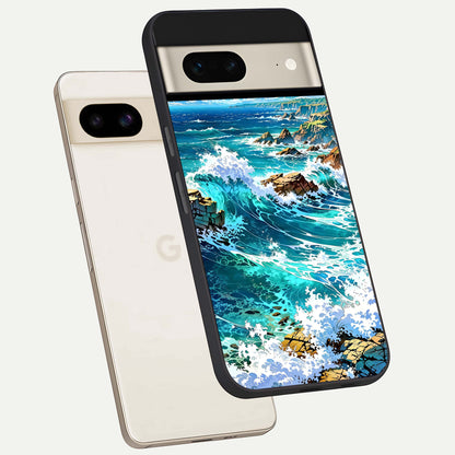  Coastal Blue Waves phone case For Google Pixel 7 showing premium glass back cover with detailed artwork