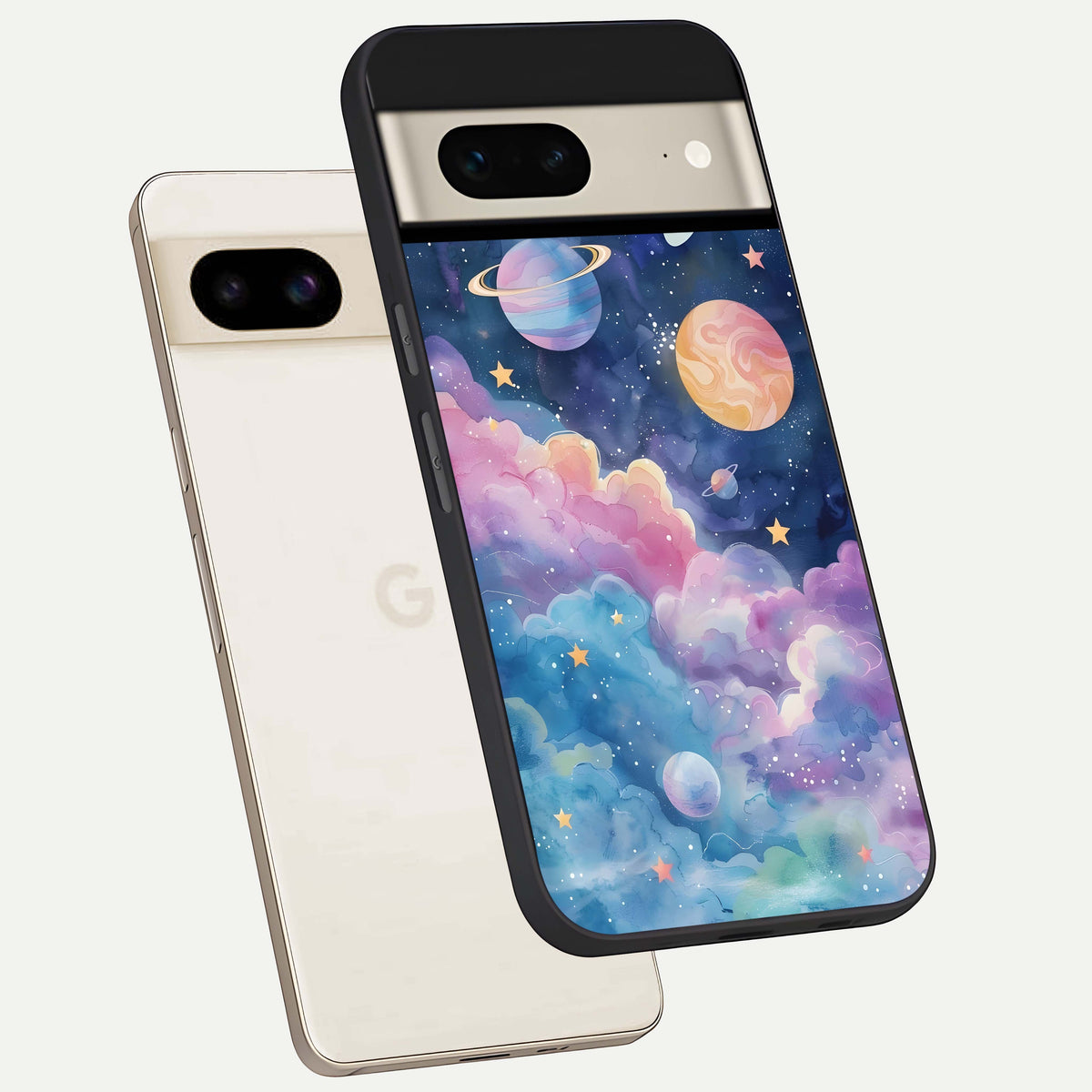  Cosmic Planet Dreams phone case For Google Pixel 7 showing premium glass back cover with detailed artwork