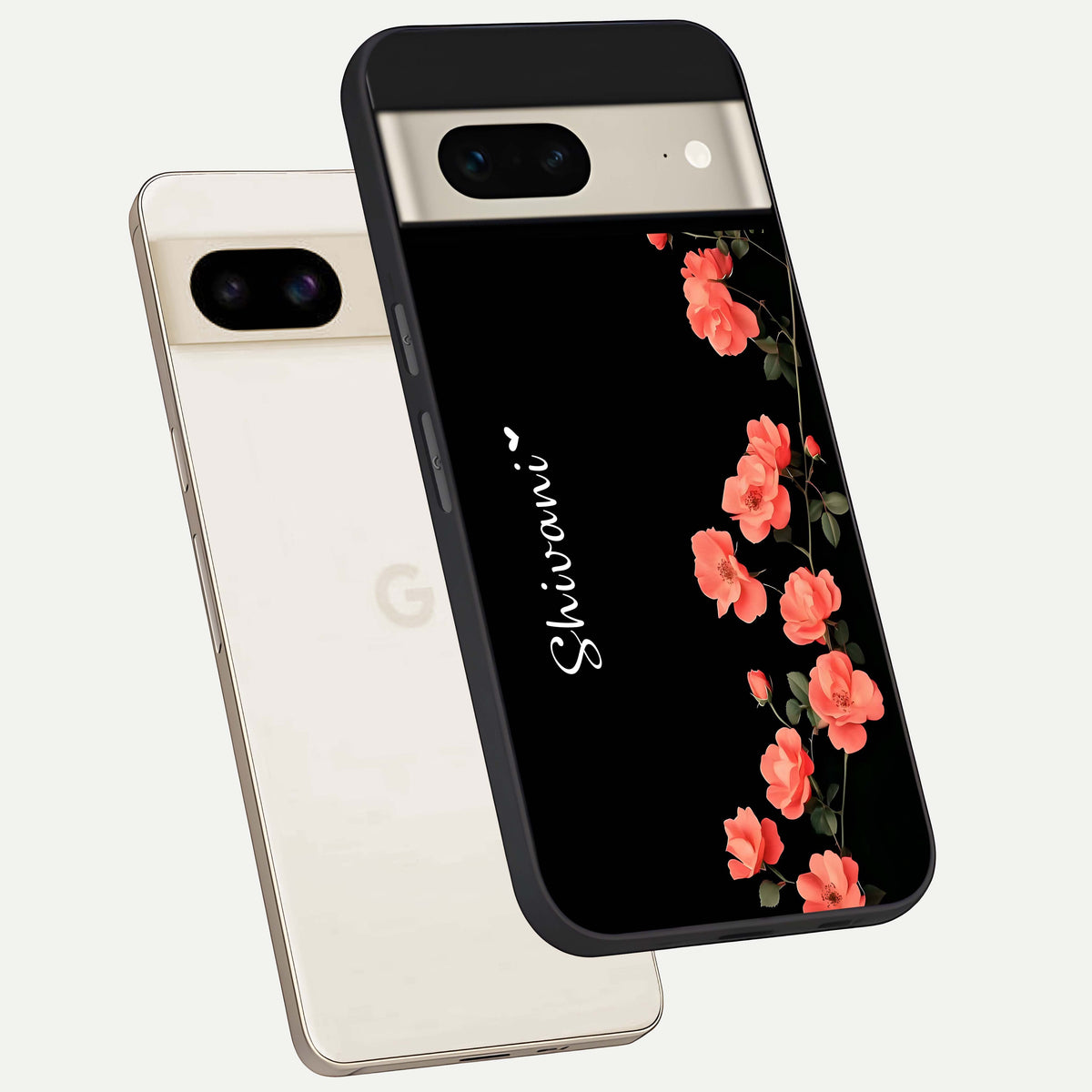  Crimson Bloom Grace Custom Name phone case For Google Pixel 7 showing premium glass back cover with detailed artwork