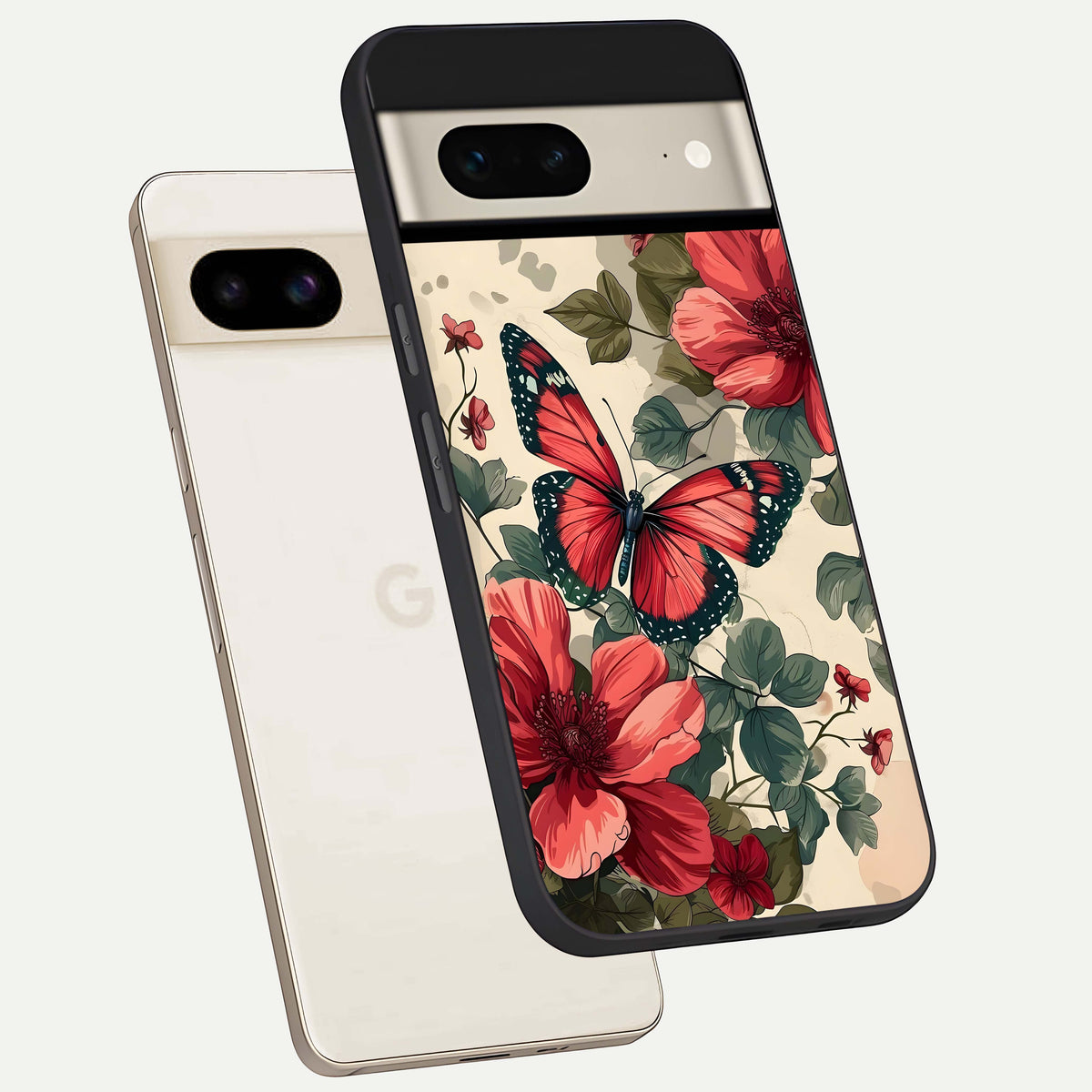  Crimson Butterfly Garden phone case For Google Pixel 7 showing premium glass back cover with detailed artwork