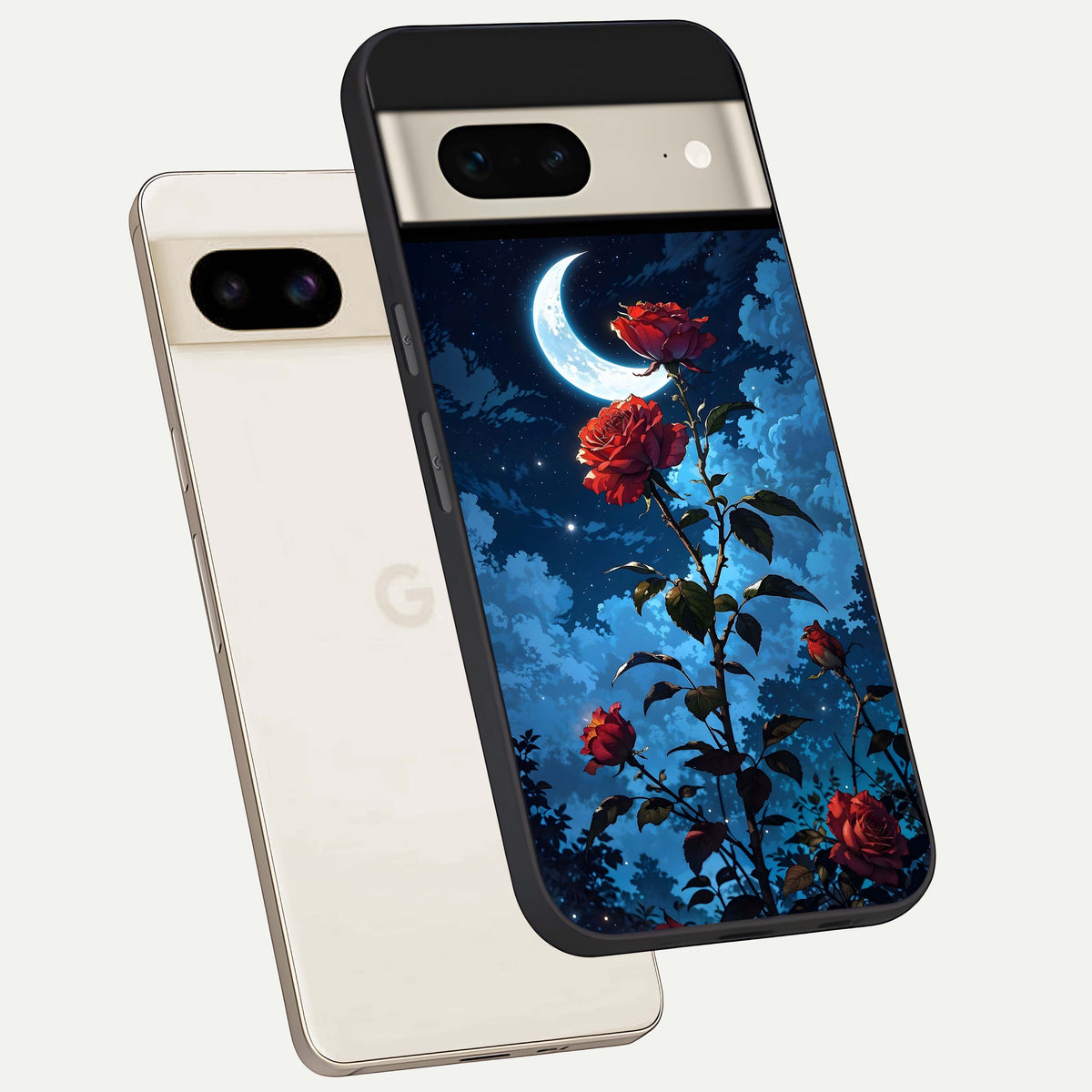  Crimson Rose Moon phone case For Google Pixel 7 showing premium glass back cover with detailed artwork