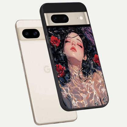  Crimson Rose Serenity phone case For Google Pixel 7 showing premium glass back cover with detailed artwork
