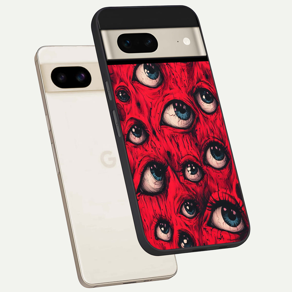  Crimson Watch Eyes phone case For Google Pixel 7 showing premium glass back cover with detailed artwork