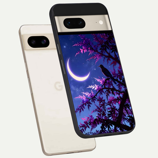  Crow And Moon Scenery phone case For Google Pixel 7 showing premium glass back cover with detailed artwork