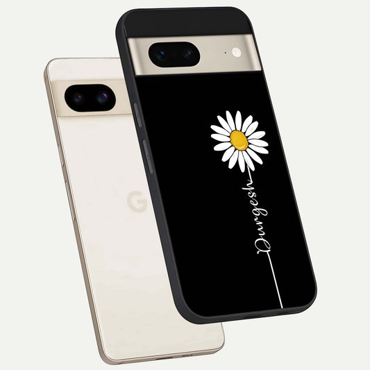  Custom Name White Flower phone case For Google Pixel 7 showing premium glass back cover with detailed artwork