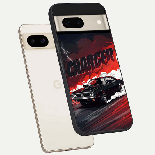  Dark Charger Fury phone case For Google Pixel 7 showing premium glass back cover with detailed artwork