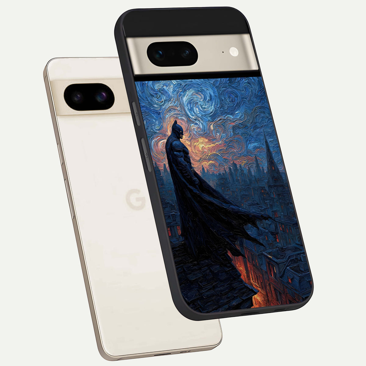  Dark Knight Dusk phone case For Google Pixel 7 showing premium glass back cover with detailed artwork