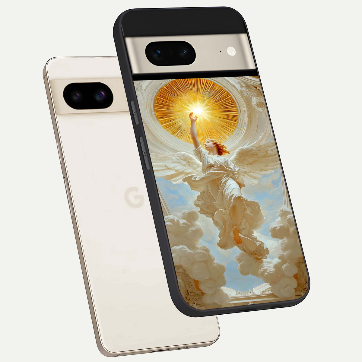  Divine Light Angel phone case For Google Pixel 7 showing premium glass back cover with detailed artwork