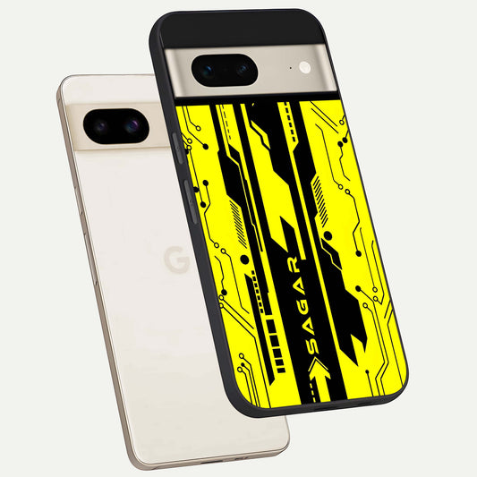  Electric Pulse CYBERPUNK Custom Name phone case For Google Pixel 7 showing premium glass back cover with detailed artwork