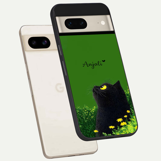  Emerald Cat Custom Name phone case For Google Pixel 7 showing premium glass back cover with detailed artwork