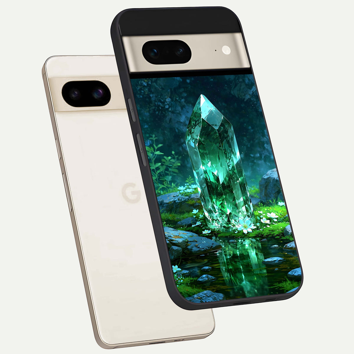  Emerald Light Crystal phone case For Google Pixel 7 showing premium glass back cover with detailed artwork