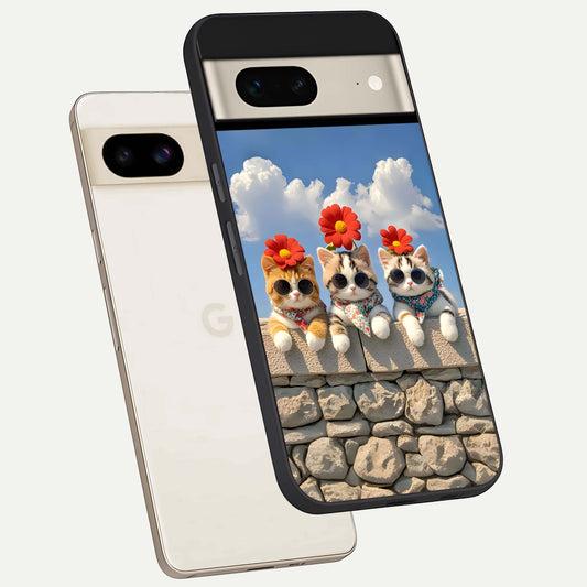  Floral Kitty Squad phone case For Google Pixel 7 showing premium glass back cover with detailed artwork