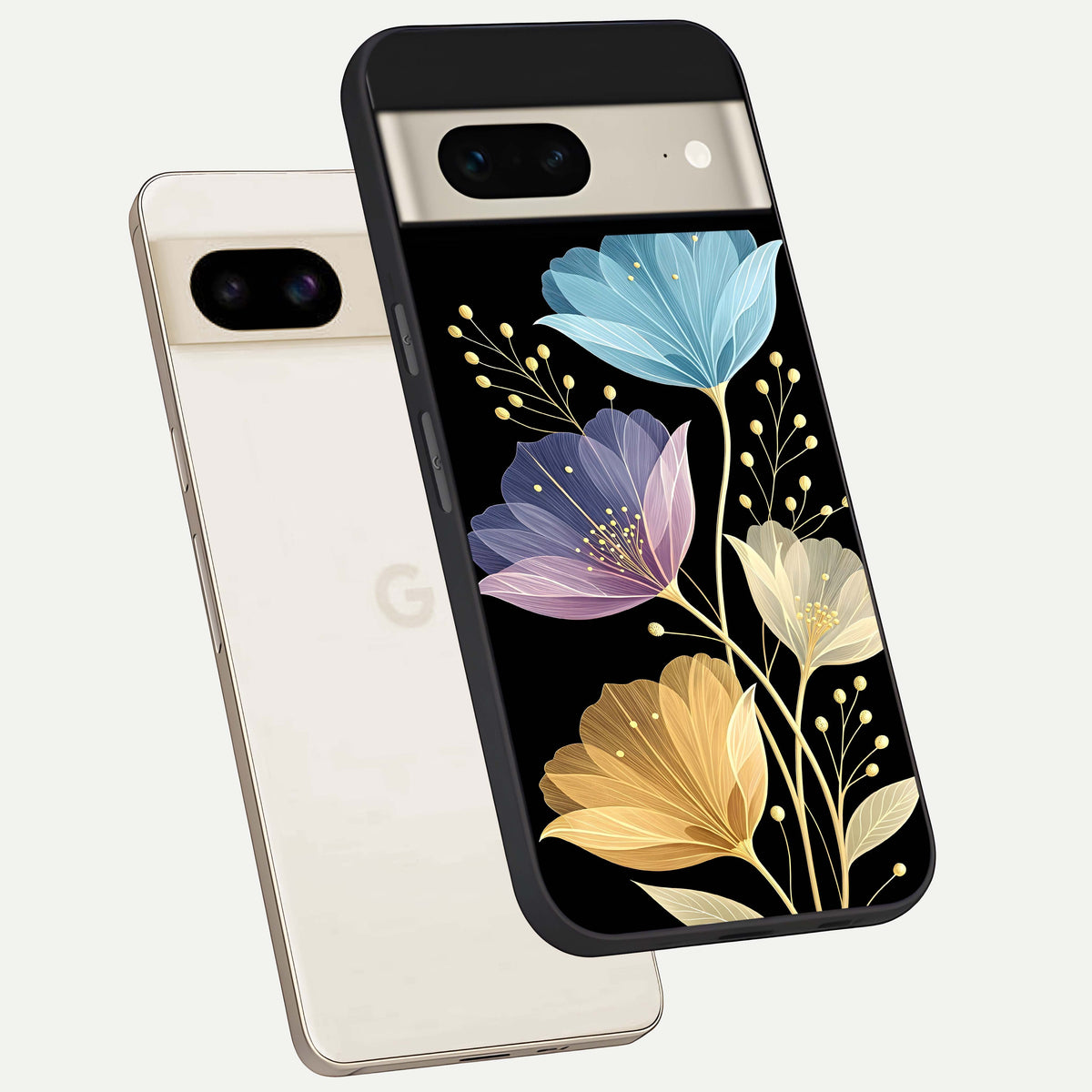  Flower Bloom Glow phone case For Google Pixel 7 showing premium glass back cover with detailed artwork