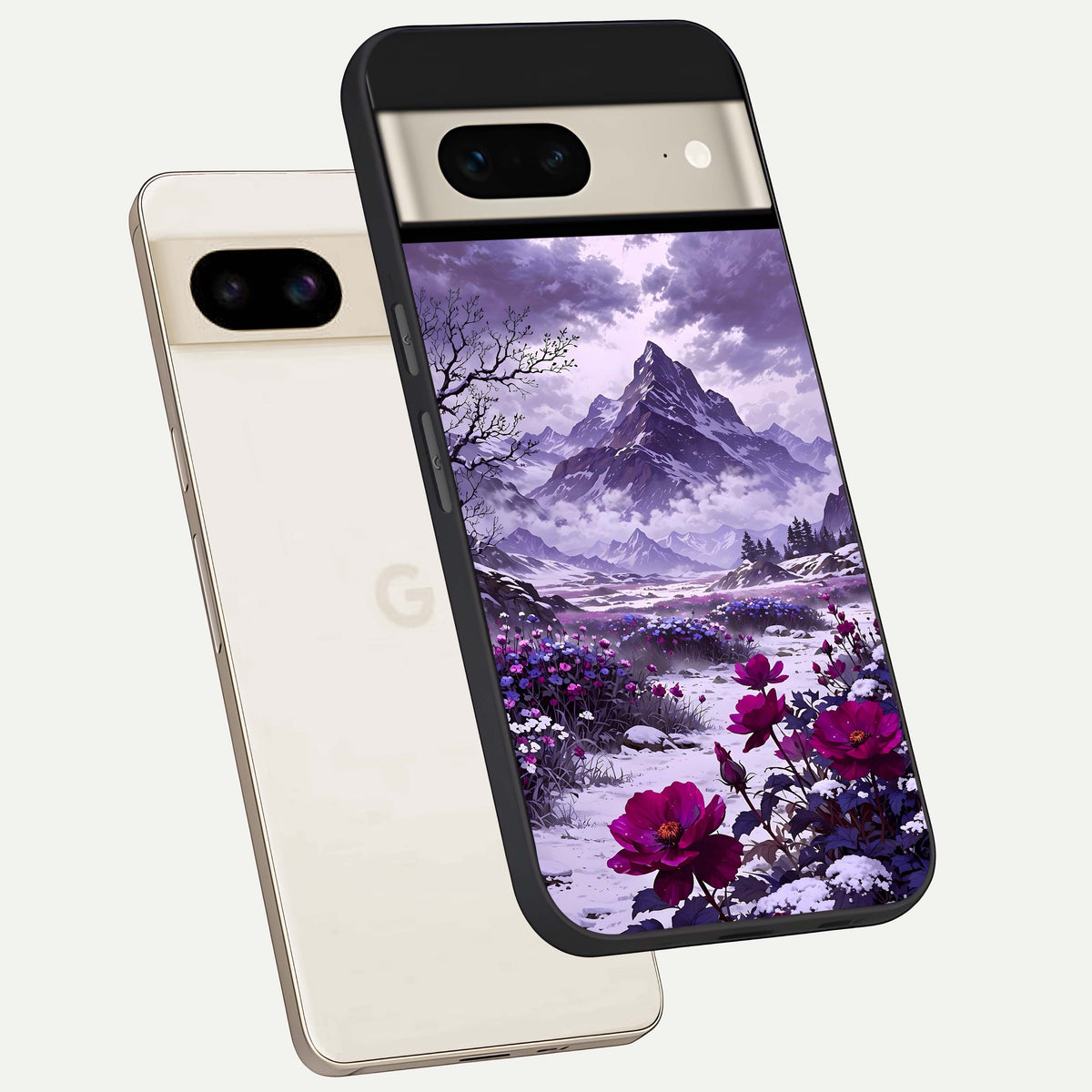  Flower Mountain View phone case For Google Pixel 7 showing premium glass back cover with detailed artwork