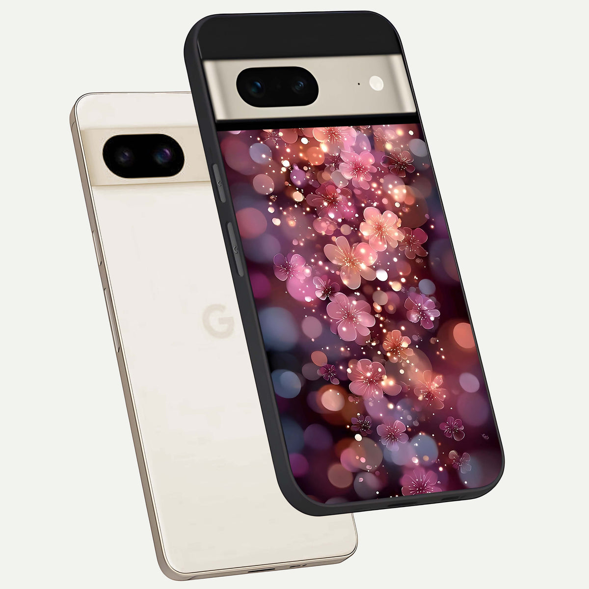  Glowing Petal Bliss phone case For Google Pixel 7 showing premium glass back cover with detailed artwork