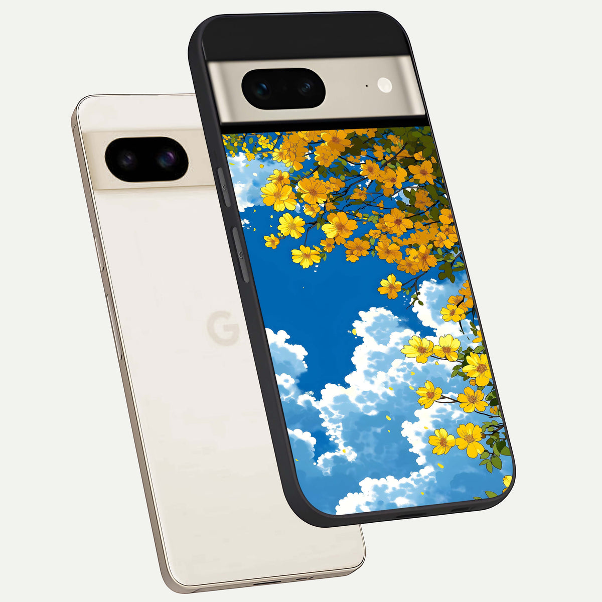  Golden Petal Sky phone case For Google Pixel 7 showing premium glass back cover with detailed artwork