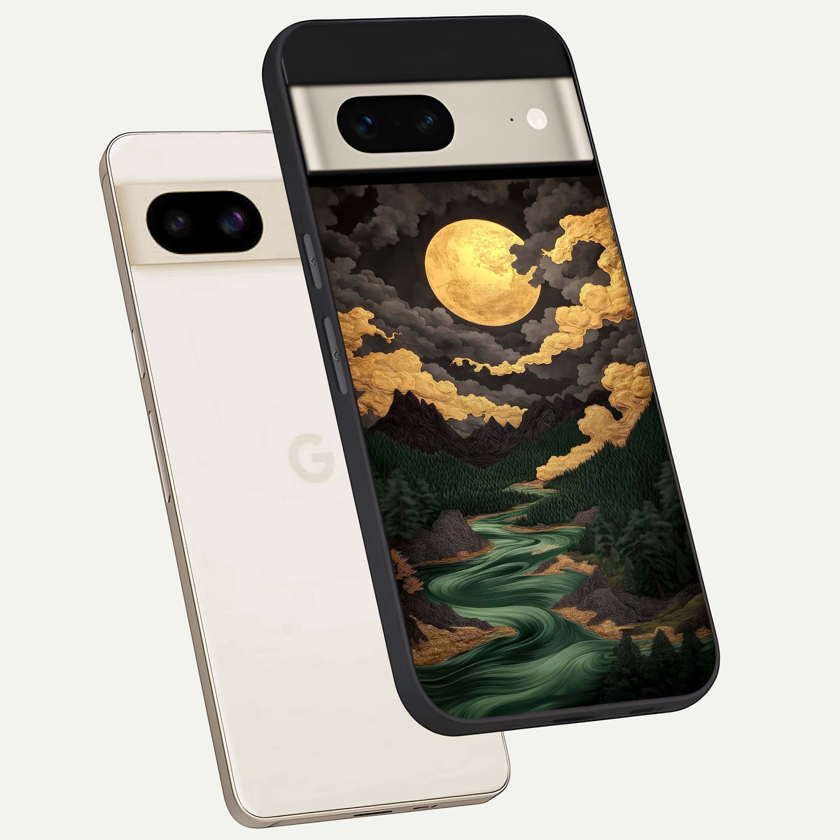  Golden River Moon phone case For Google Pixel 7 showing premium glass back cover with detailed artwork