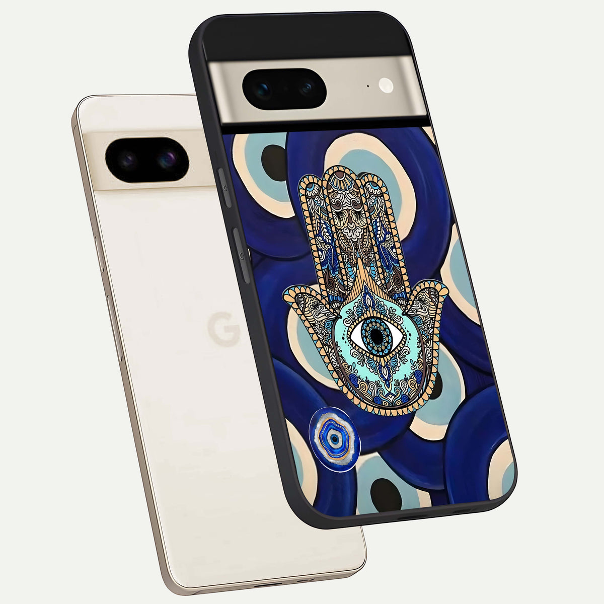  Hamsa Divine Guard phone case For Google Pixel 7 showing premium glass back cover with detailed artwork