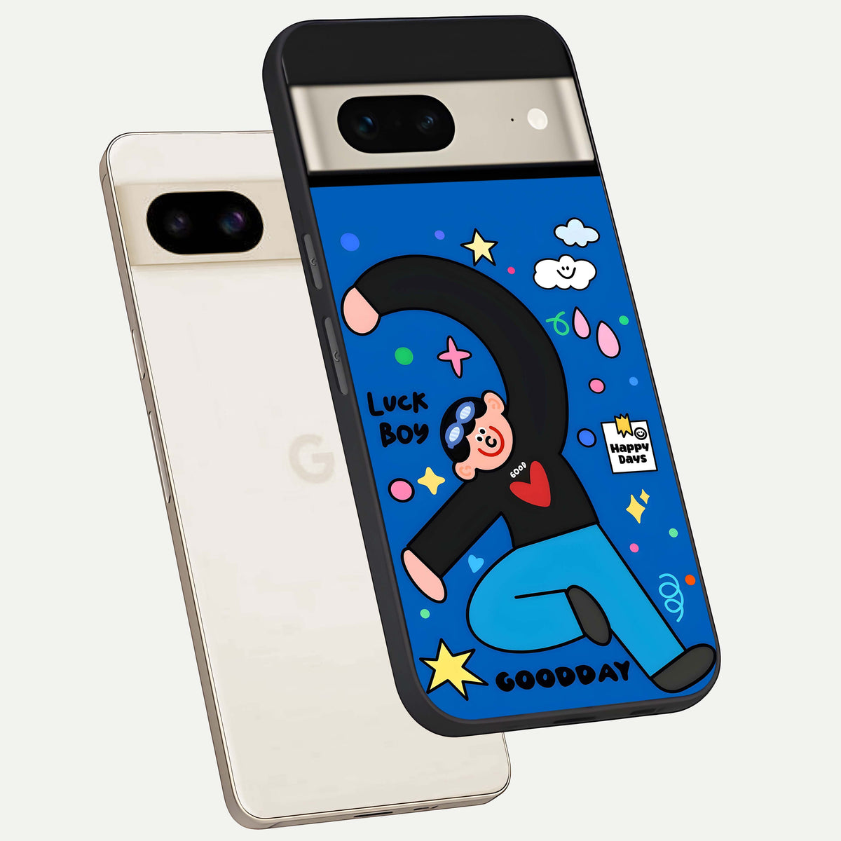  Happy Luck Vibe phone case For Google Pixel 7 showing premium glass back cover with detailed artwork