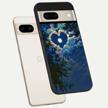  Heart With Moon Sky phone case For Google Pixel 7 showing premium glass back cover with detailed artwork