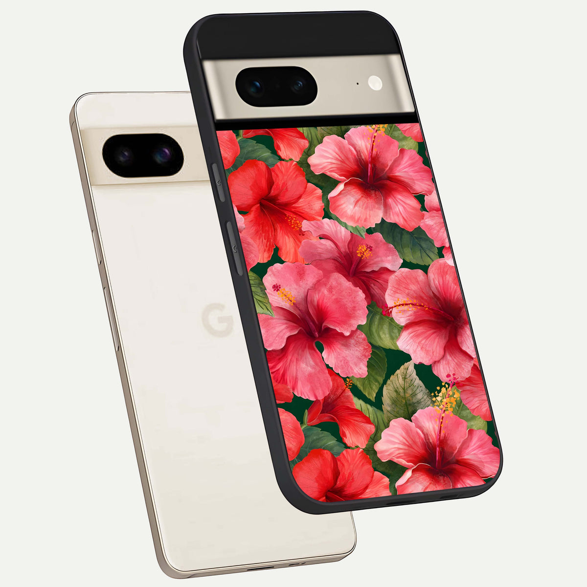  Hibiscus Pattern phone case For Google Pixel 7 showing premium glass back cover with detailed artwork