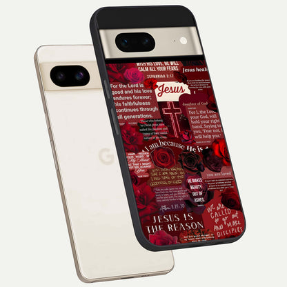  Jesus Love Heals phone case For Google Pixel 7 showing premium glass back cover with detailed artwork