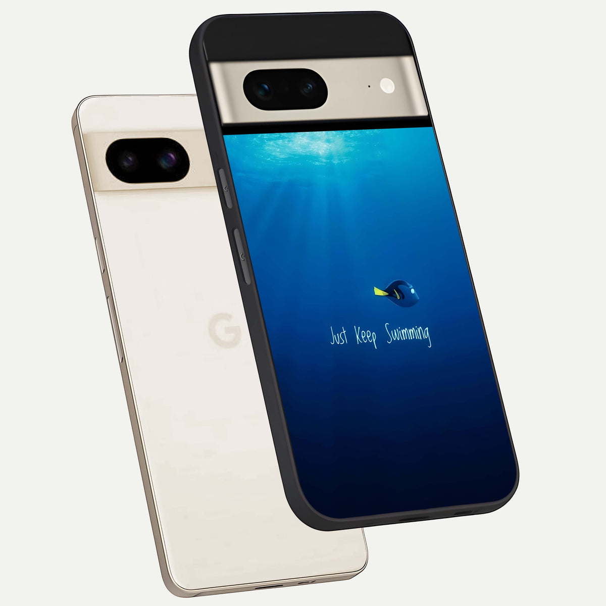  Just Keep Swimming phone case For Google Pixel 7 showing premium glass back cover with detailed artwork
