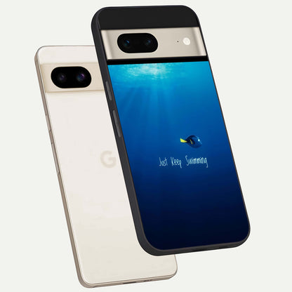  Just Keep Swimming phone case For Google Pixel 7 showing premium glass back cover with detailed artwork