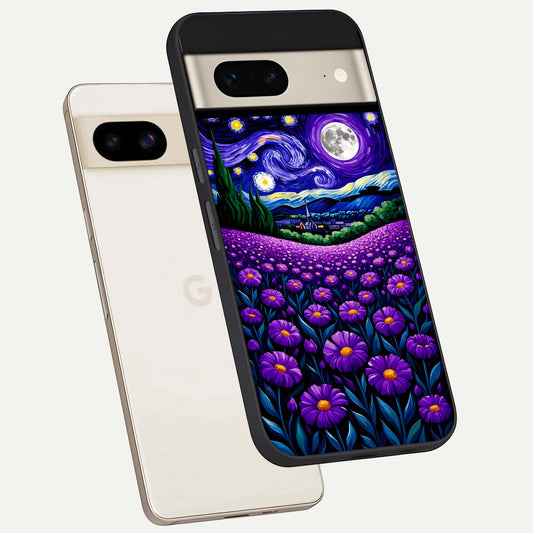  Lavender Moon Field phone case For Google Pixel 7 showing premium glass back cover with detailed artwork