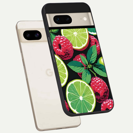  Lime and Raspberry Pattern phone case For Google Pixel 7 showing premium glass back cover with detailed artwork