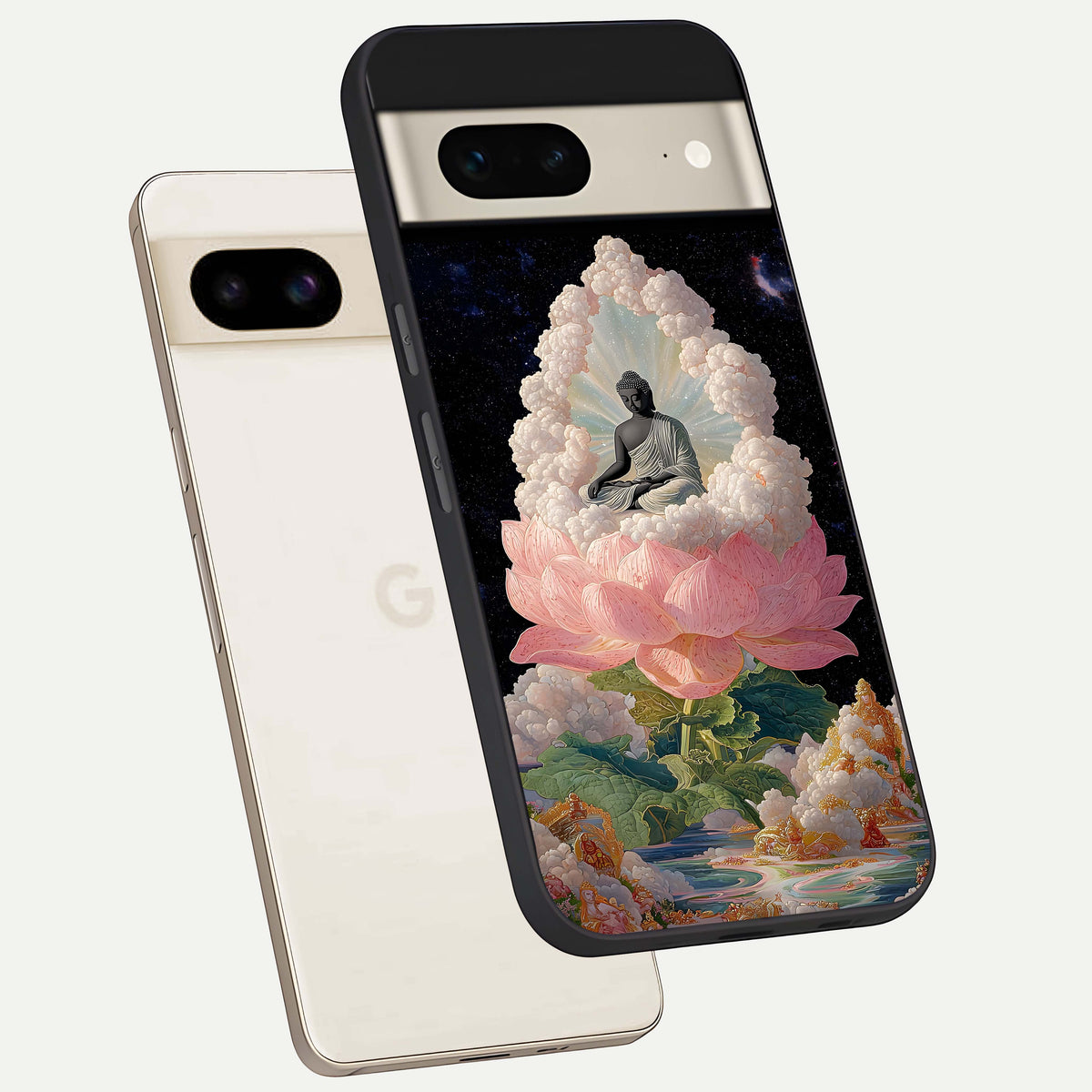  Lotus Divine Peace phone case For Google Pixel 7 showing premium glass back cover with detailed artwork