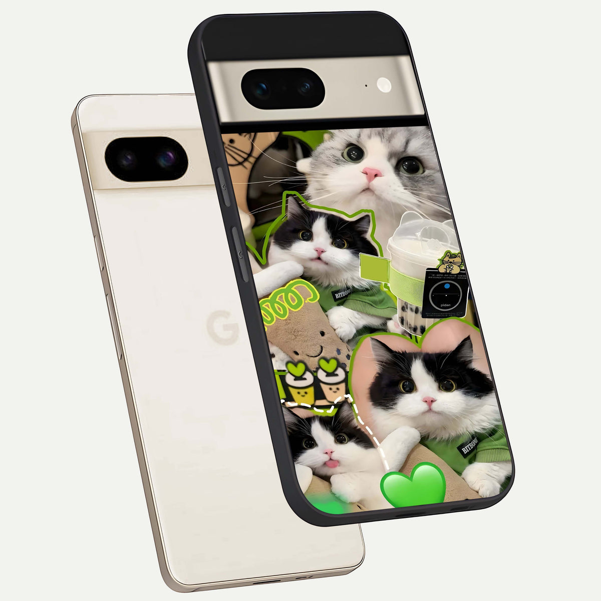  Matcha Cats Mood phone case For Google Pixel 7 showing premium glass back cover with detailed artwork