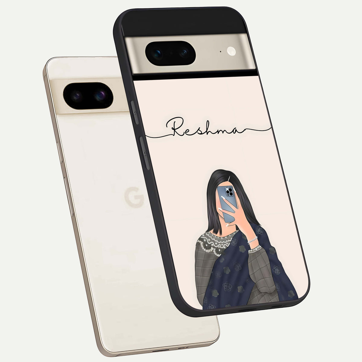  Mirror Mood Muse With Custom Name phone case For Google Pixel 7 showing premium glass back cover with detailed artwork