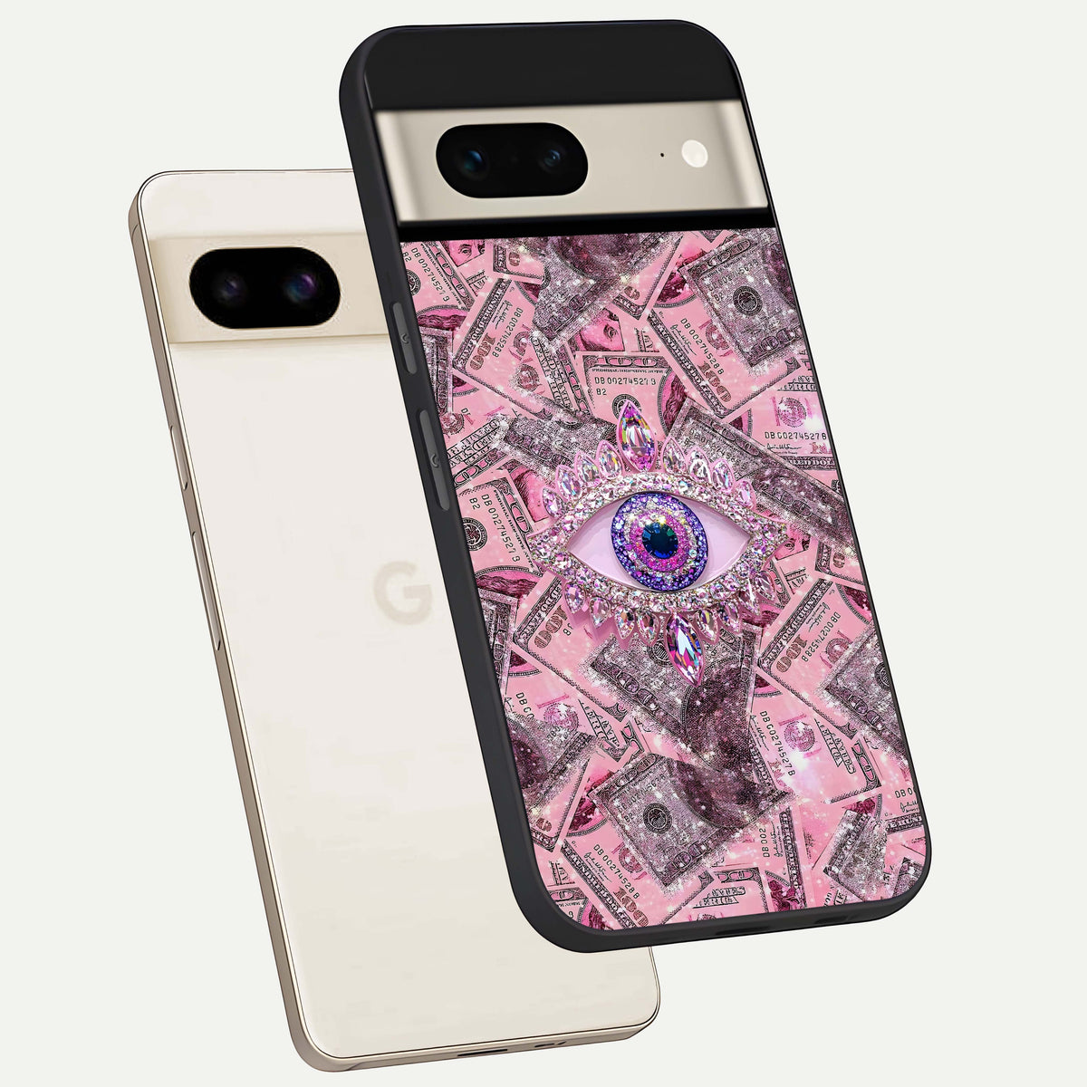  Money Eye Luxe phone case For Google Pixel 7 showing premium glass back cover with detailed artwork