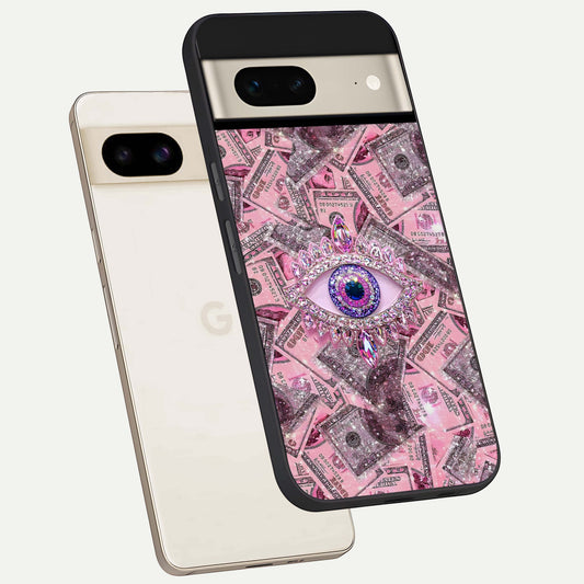  Money Eye Luxe phone case For Google Pixel 7 showing premium glass back cover with detailed artwork