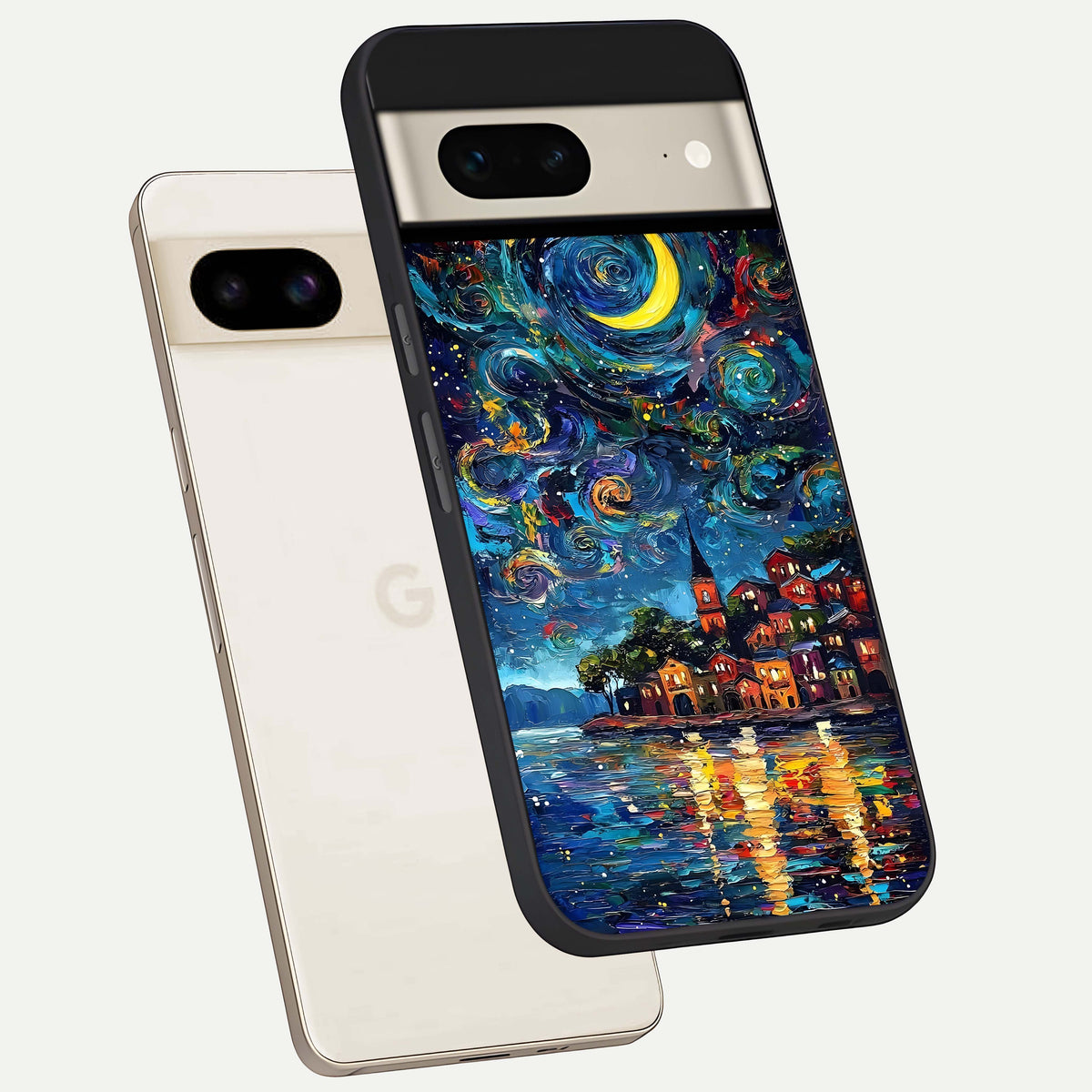  Moonlight Harbor Glow phone case For Google Pixel 7 showing premium glass back cover with detailed artwork