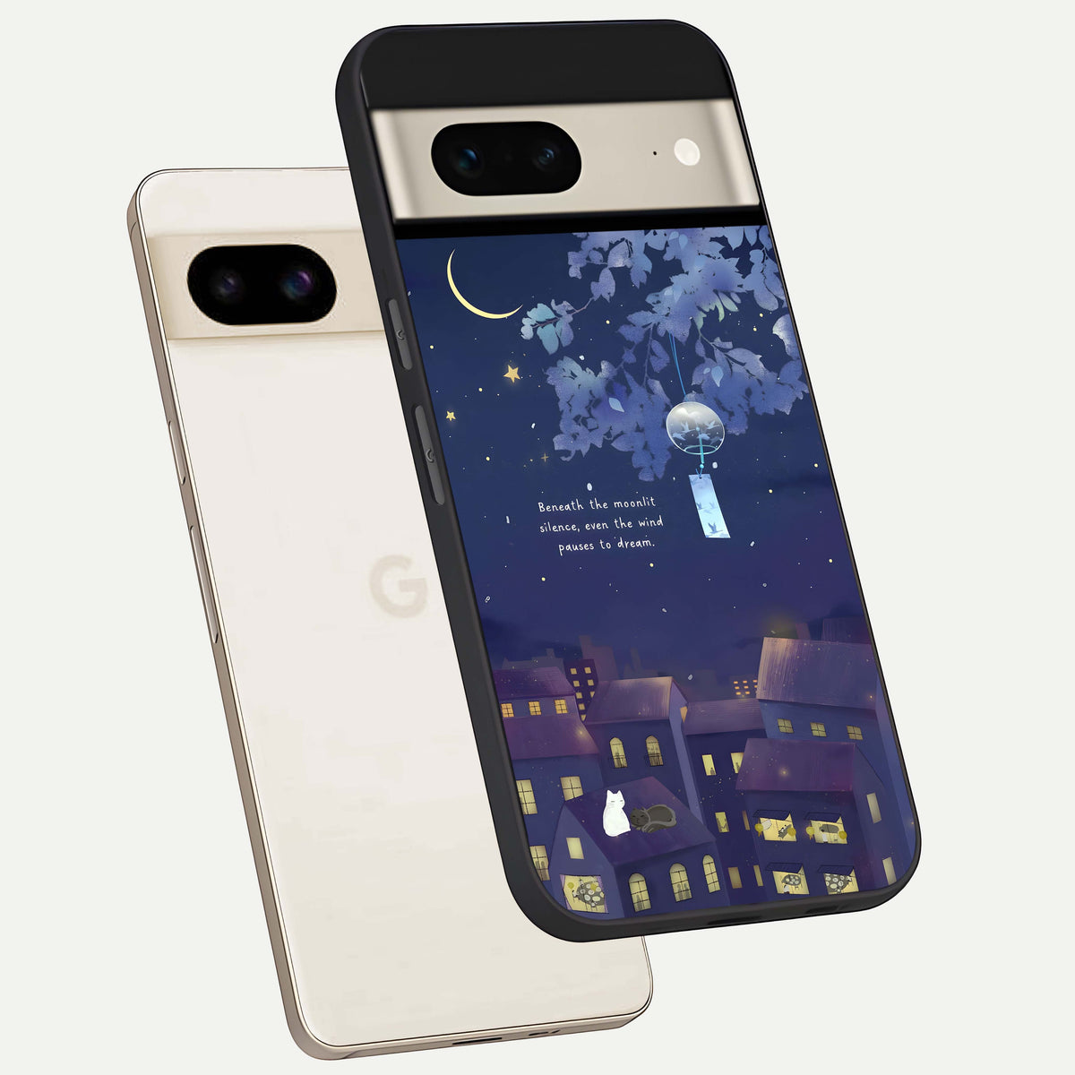  Moonlit Cat Silence phone case For Google Pixel 7 showing premium glass back cover with detailed artwork