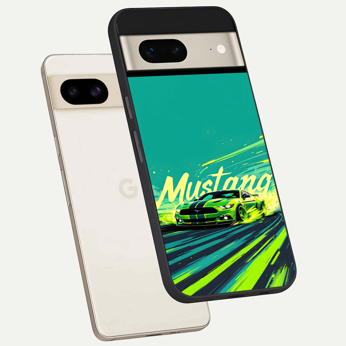  Mustang Bang phone case For Google Pixel 7 showing premium glass back cover with detailed artwork