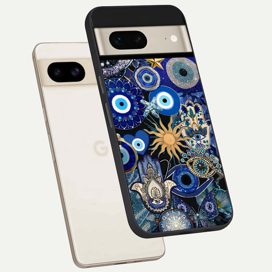  Mystic Blue Evil Eye phone case For Google Pixel 7 showing premium glass back cover with detailed artwork