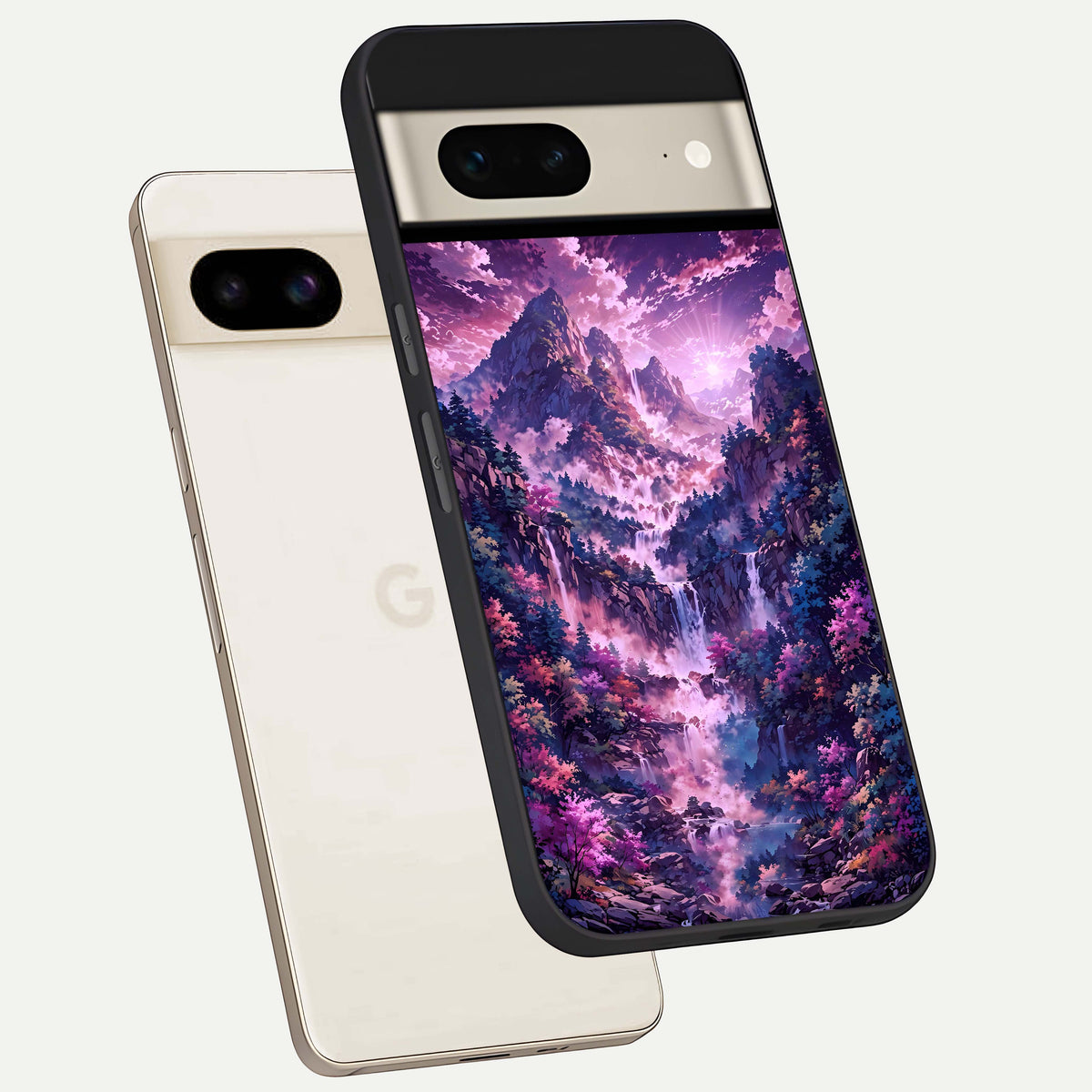  Mystic Cascade Peaks phone case For Google Pixel 7 showing premium glass back cover with detailed artwork