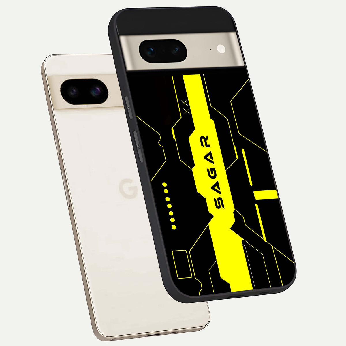  Neon CYBERPUNK Custom Name phone case For Google Pixel 7 showing premium glass back cover with detailed artwork