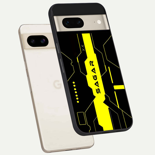  Neon CYBERPUNK Custom Name phone case For Google Pixel 7 showing premium glass back cover with detailed artwork