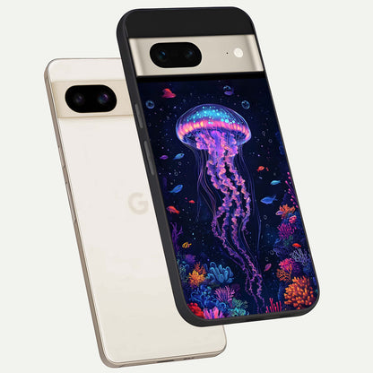  Neon Jellyfish phone case For Google Pixel 7 showing premium glass back cover with detailed artwork