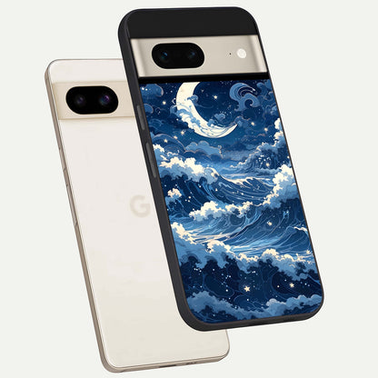  Ocean Moon Waves phone case For Google Pixel 7 showing premium glass back cover with detailed artwork