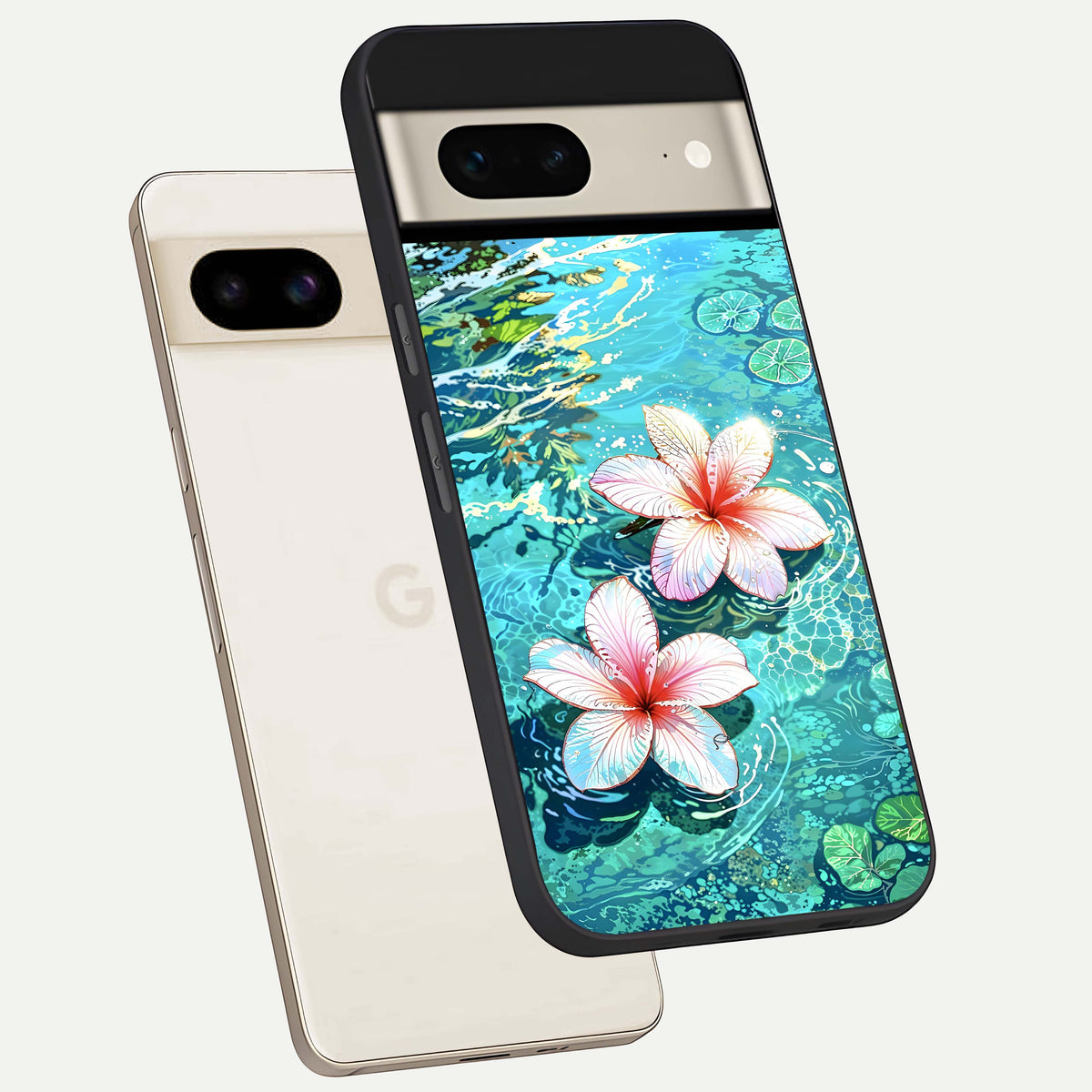  Pink Flowers in Water phone case For Google Pixel 7 showing premium glass back cover with detailed artwork